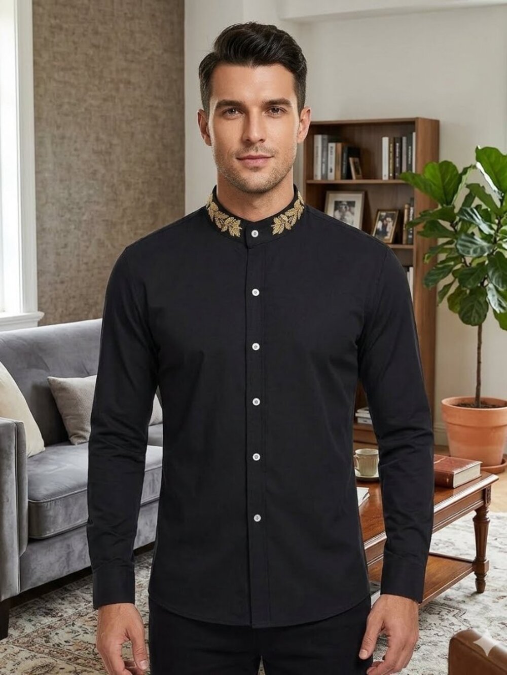 Mens Gold Embroidery Mandarin Collar Dress Shirt-Black